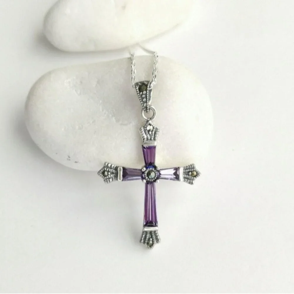 Amethyst Marcasite cross pendant necklace In Sterling Silver